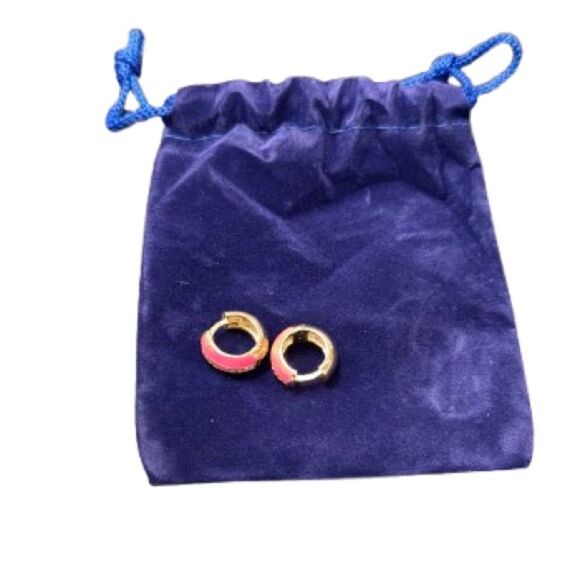 Gabi Rielle Pink Enamel & CZ Mini Hoops – 14k Gold Over Silver Huggies Gift - Picture 5 of 7